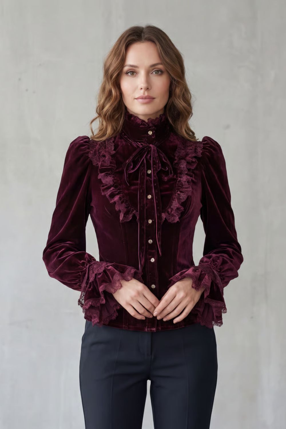 Ruffled Velvet Lace Victorian Blouse