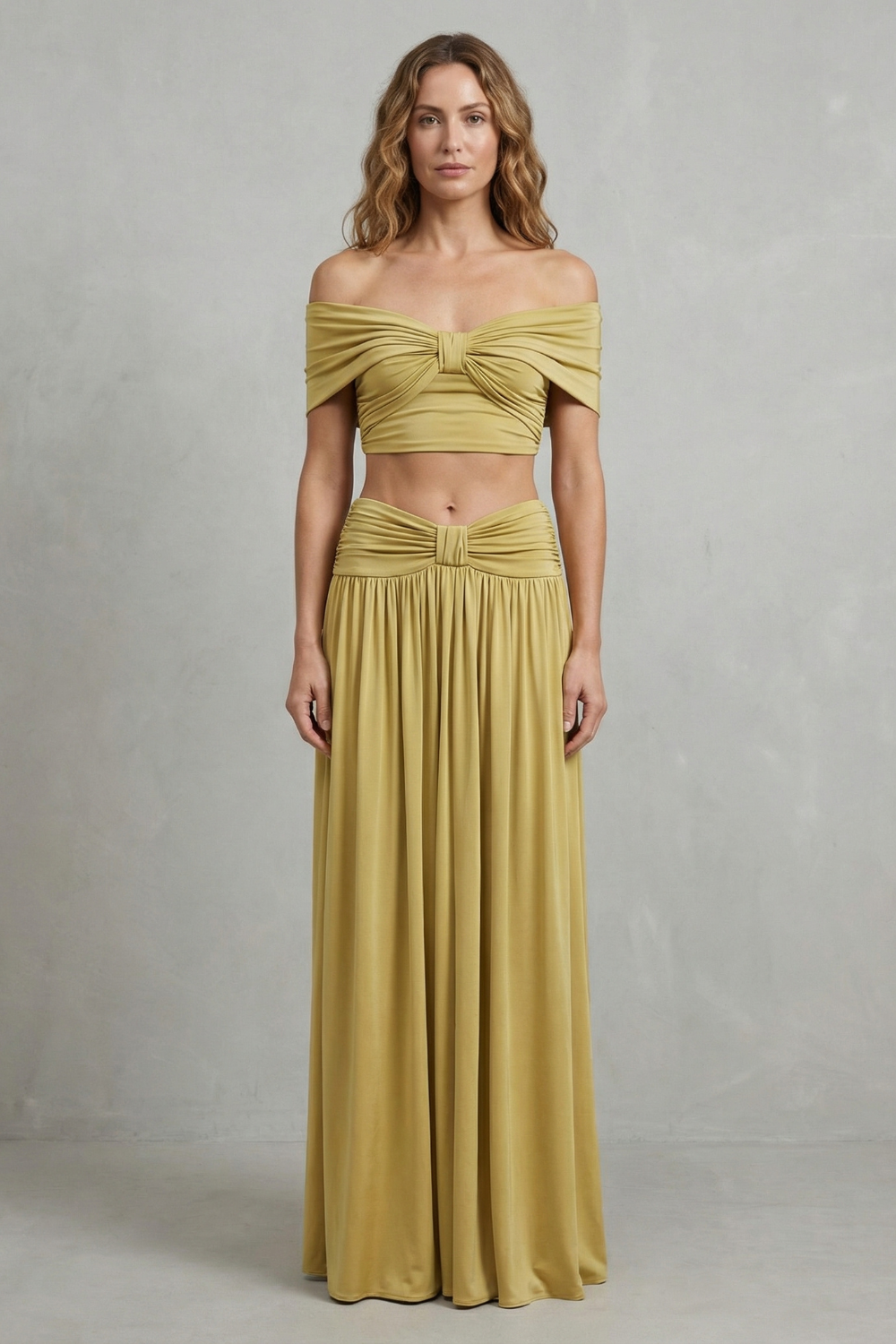 Golden Glow Women’s Off-Shoulder Ruched Skirt Set