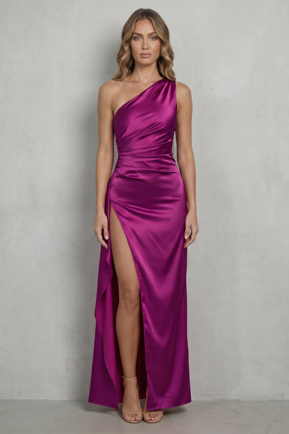 Liquid Satin Drape One-shoulder Evening Gown