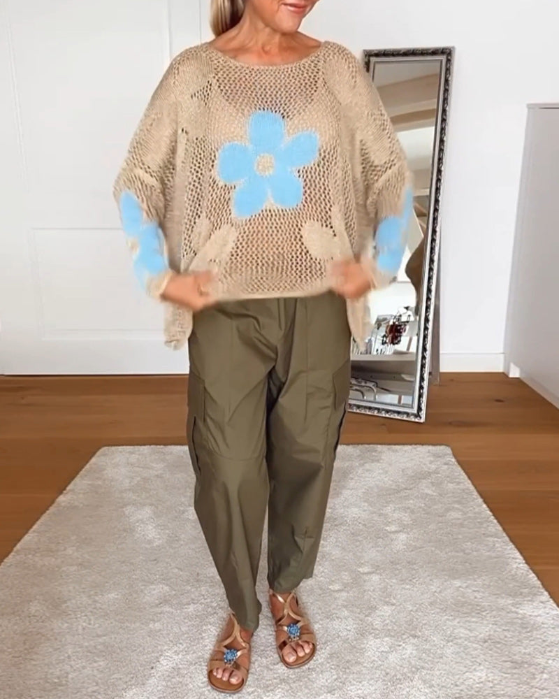 Women's Oversized Crochet Knit Top with Floral Detail