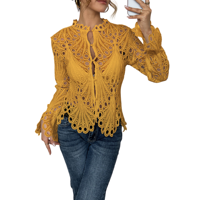 Women's Crochet Hollow Lace Long Sleeve Blouse Scallop Hem