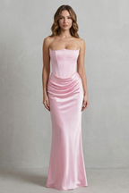 Sculpted Satin Drape Strapless Corset Maxi Dress