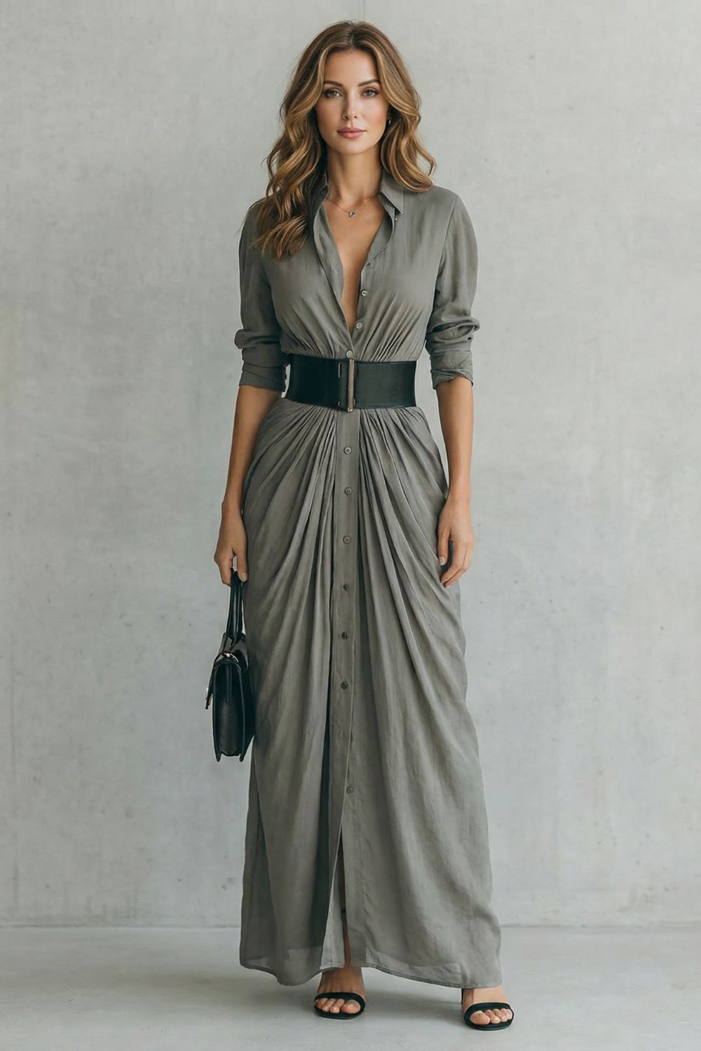 Pleated Waist Drama Maxi Shirt Dress (includes Belt)