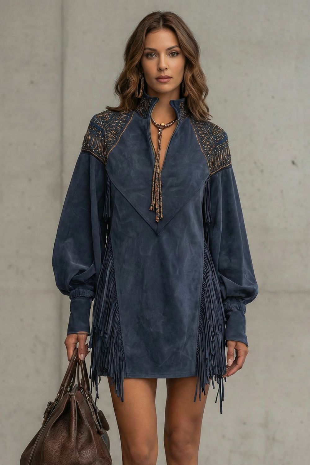 Embroidered Fringe Detail Tunic Mini Dress