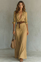 Button-down Wrap Dress Belted Maxi Dress
