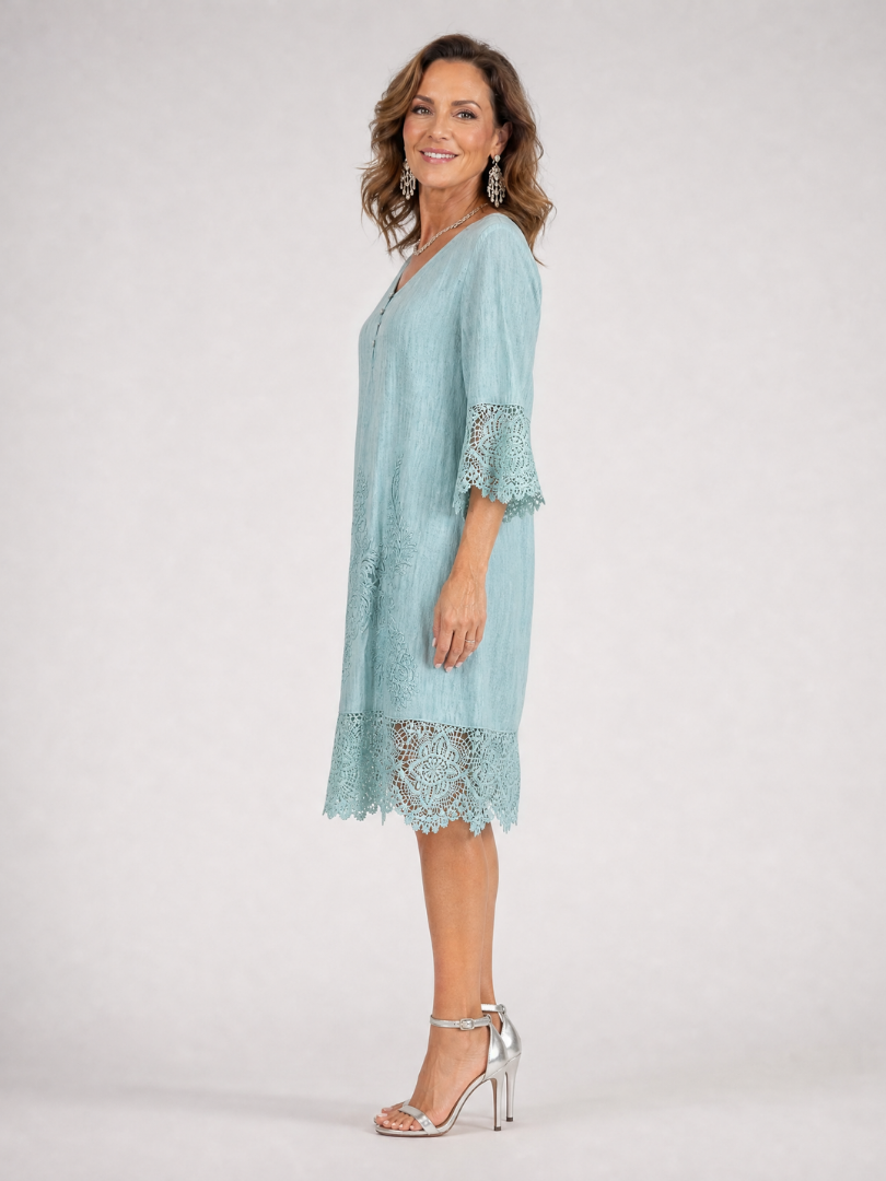 Tina™ | Embroidered Lace Trim Shift Midi Dress