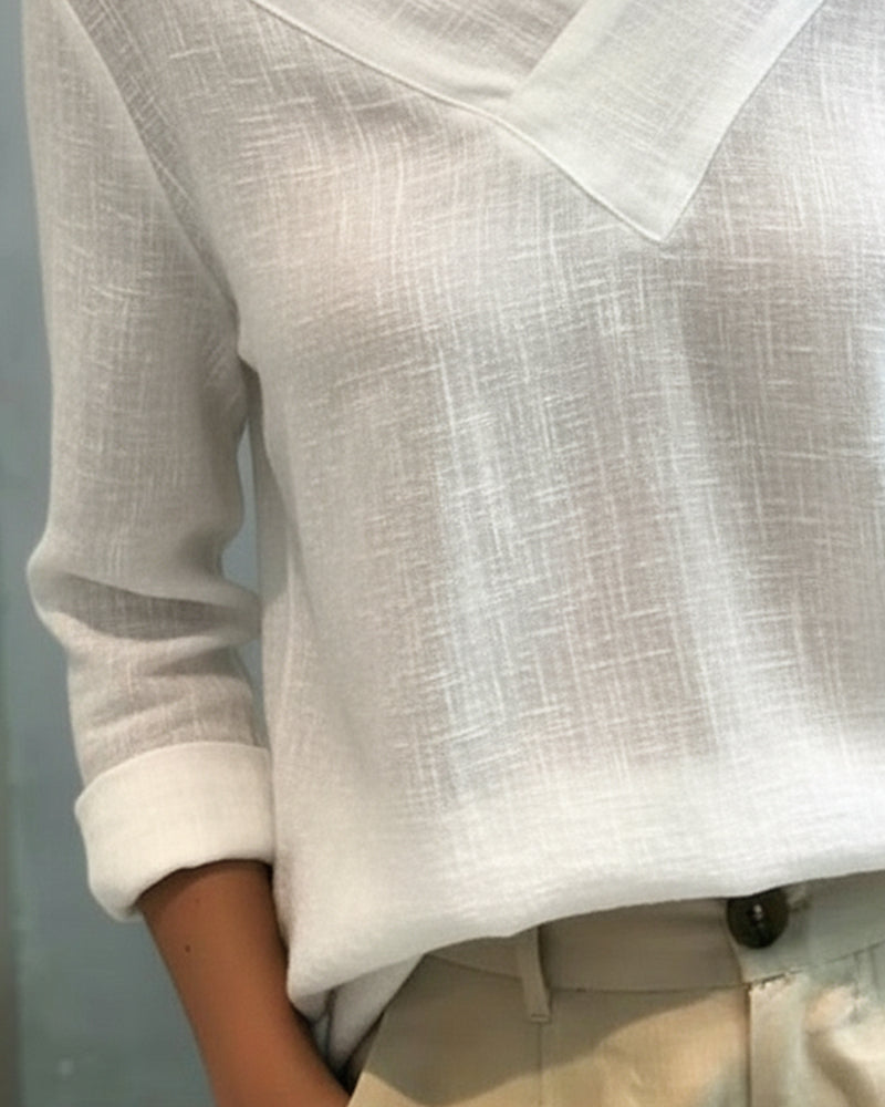 Women's Asymmetric V-Neck Long Sleeve Linen Look Top