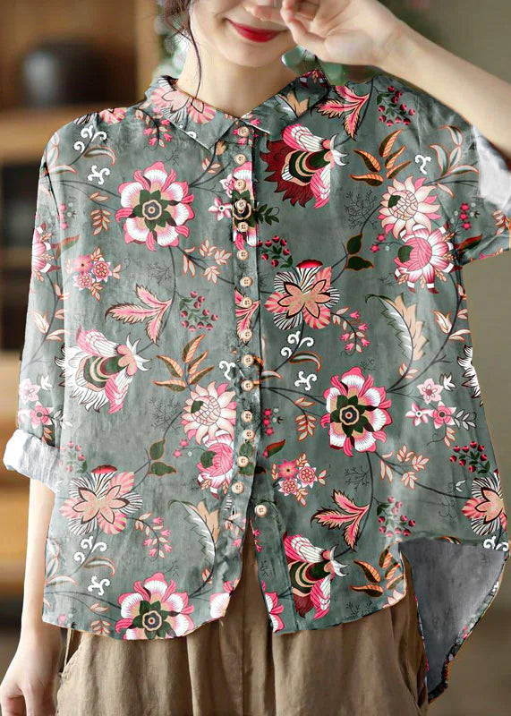 Floral Print Button-Front Blouse with Relaxed Fit and Long Sleeves