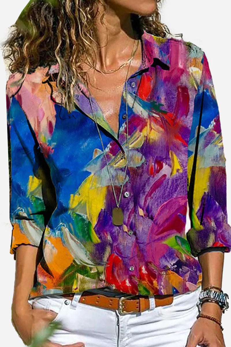 Women's Printed Shirt Long Sleeve Abstract Print Button-Up Top