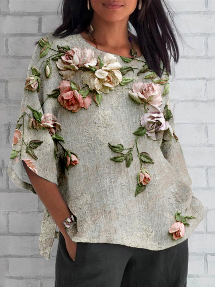 Vibrant Floral Print Top - Light Grey