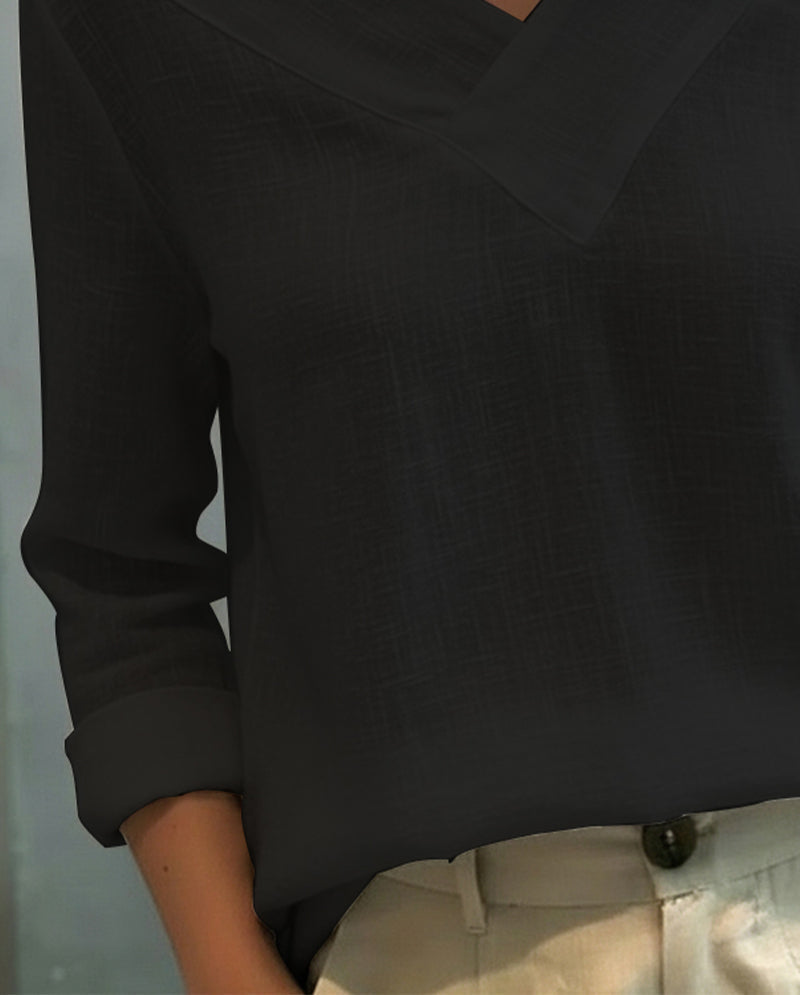 Women's Asymmetric V-Neck Long Sleeve Linen Look Top