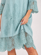 Tina™ | Embroidered Lace Trim Shift Midi Dress