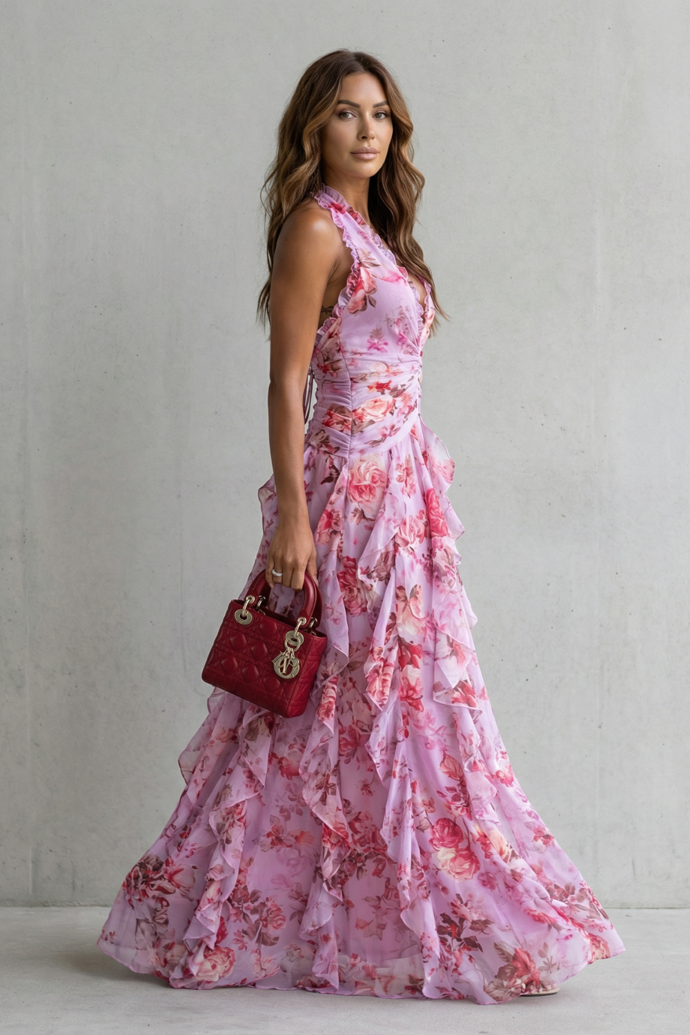Romantic Rose Cascade Halter Maxi Dress