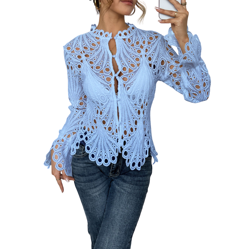 Women's Crochet Hollow Lace Long Sleeve Blouse Scallop Hem