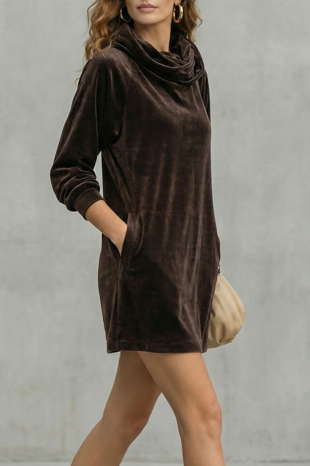 Velvet Drape Comfort Cowl Neck Mini Dress