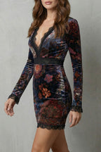 Baroque Lace Plunge Velvet Mini Dress