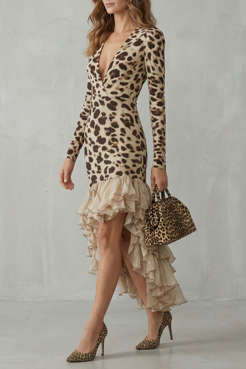 Ruffled Hem Leopard Print Midi Dress