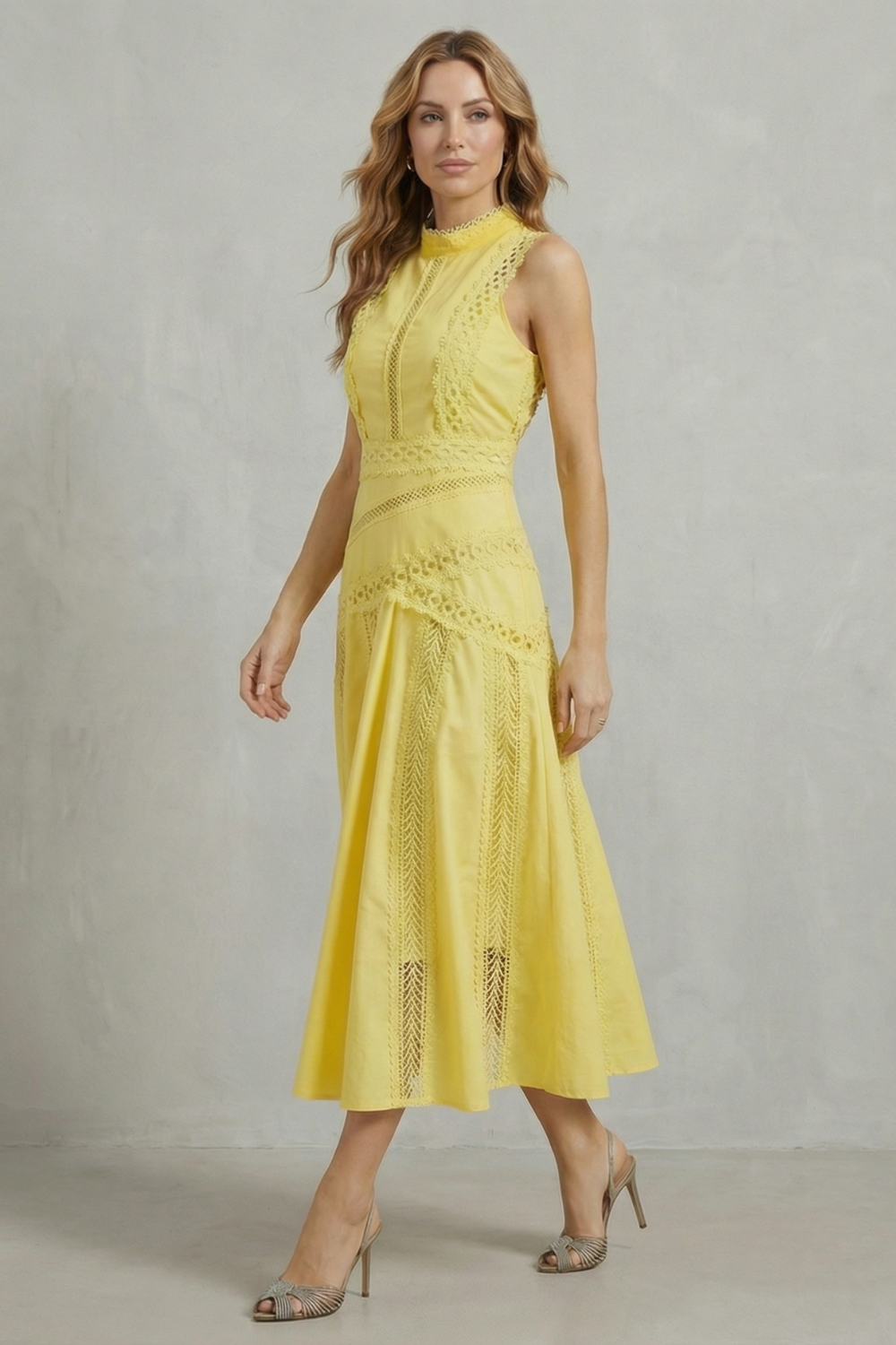 Intricate Lace Panels Elegant Midi Dress