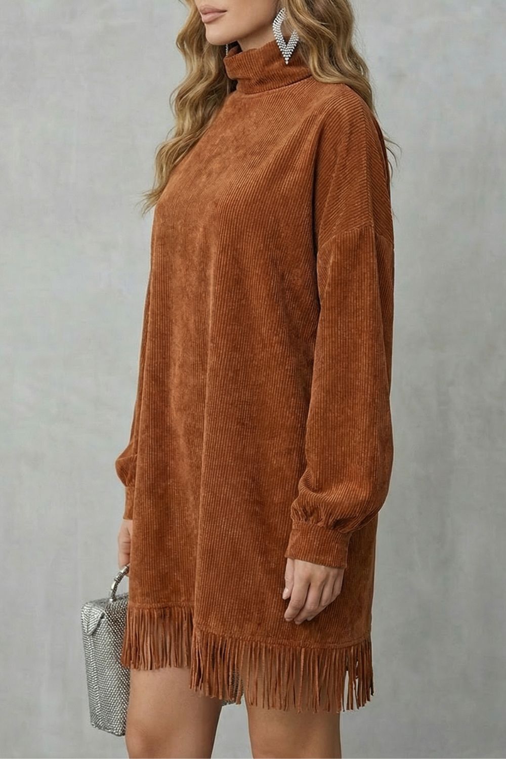 Fringed Charm Turtleneck Mini Dress