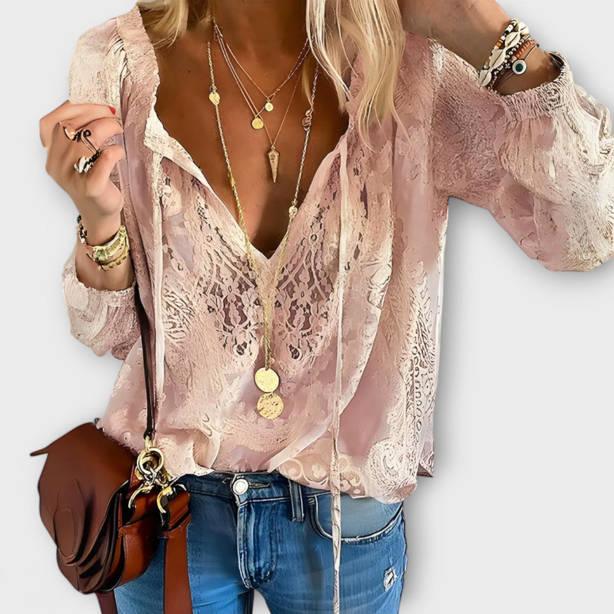 Women's Lace Overlay Blouse V-Neck Tie Front