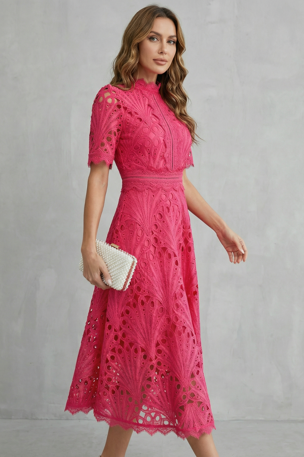 Ornate Lace Refinement High-neck Midi Dress