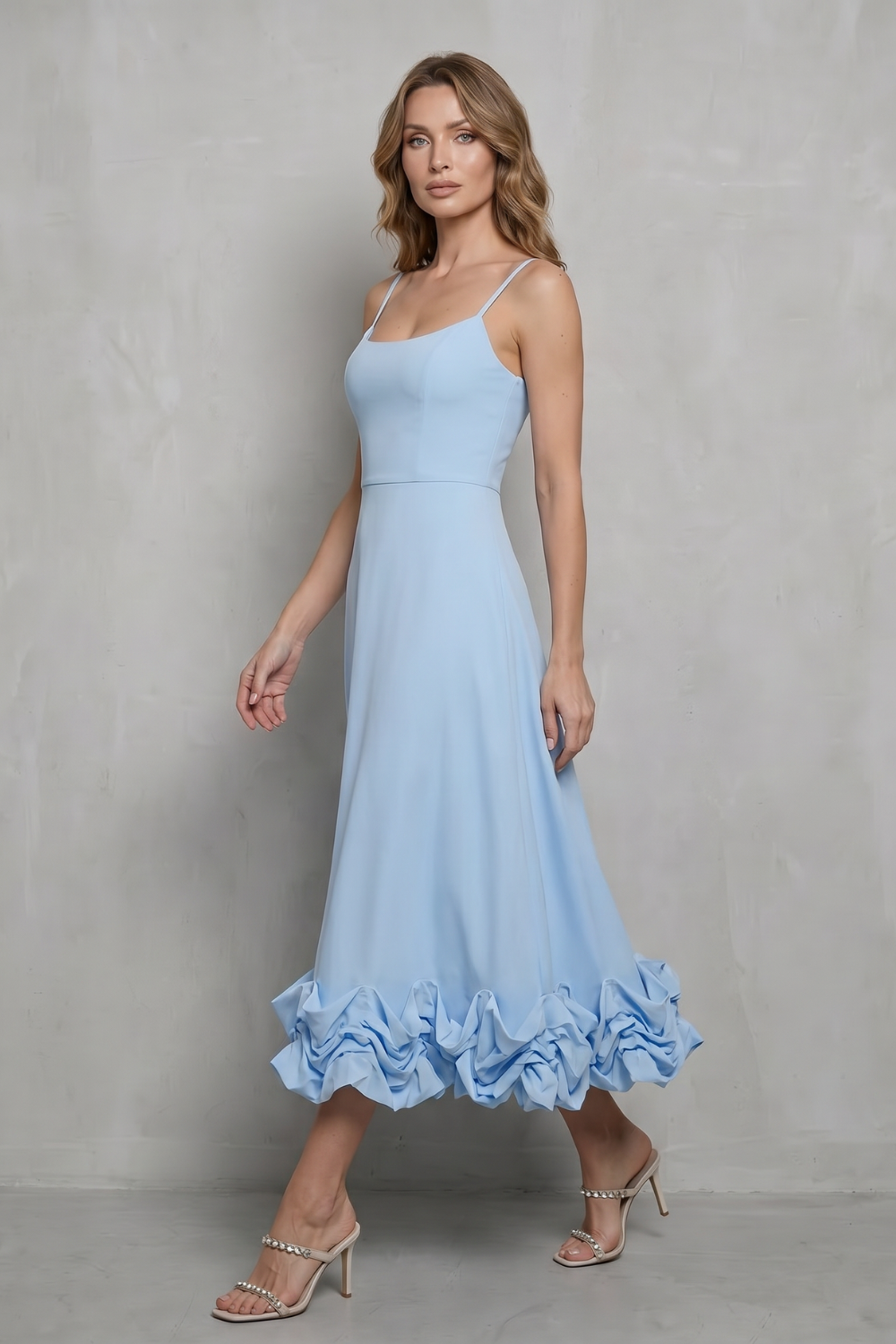 Romantic Ruffle Hem Sleeveless Midi Dress