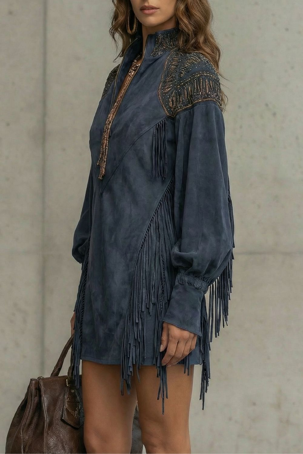 Embroidered Fringe Detail Tunic Mini Dress