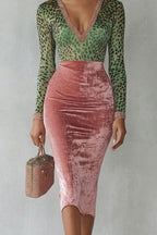 Leopard Velvet Contrast Bodycon Midi Dress