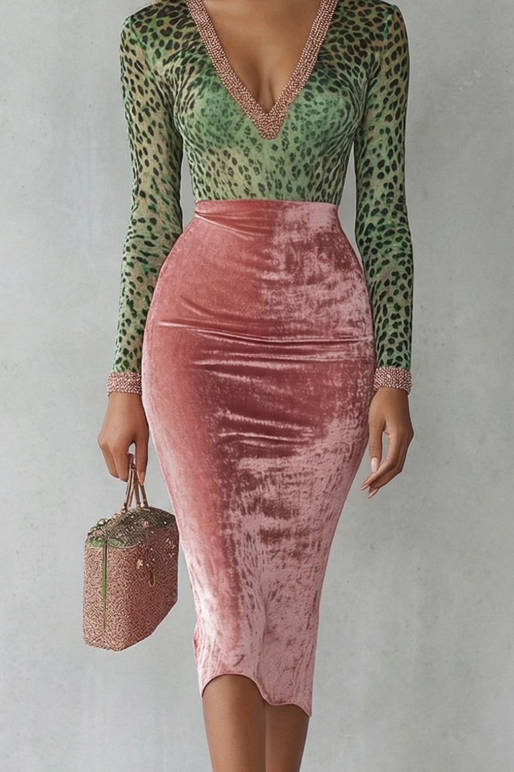 Leopard Velvet Contrast Bodycon Midi Dress