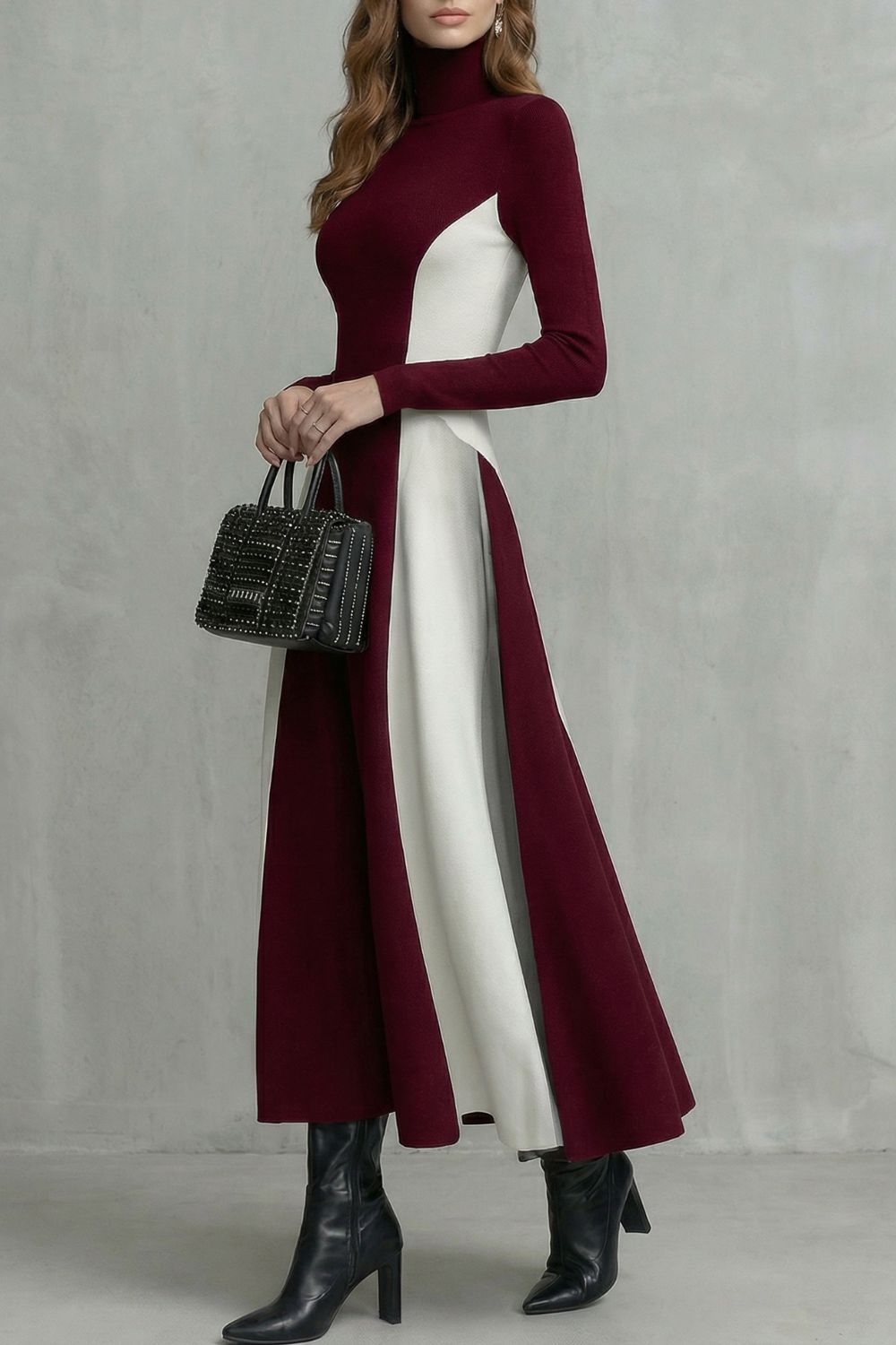 Sculpted Contrast Flow Turtleneck Dress