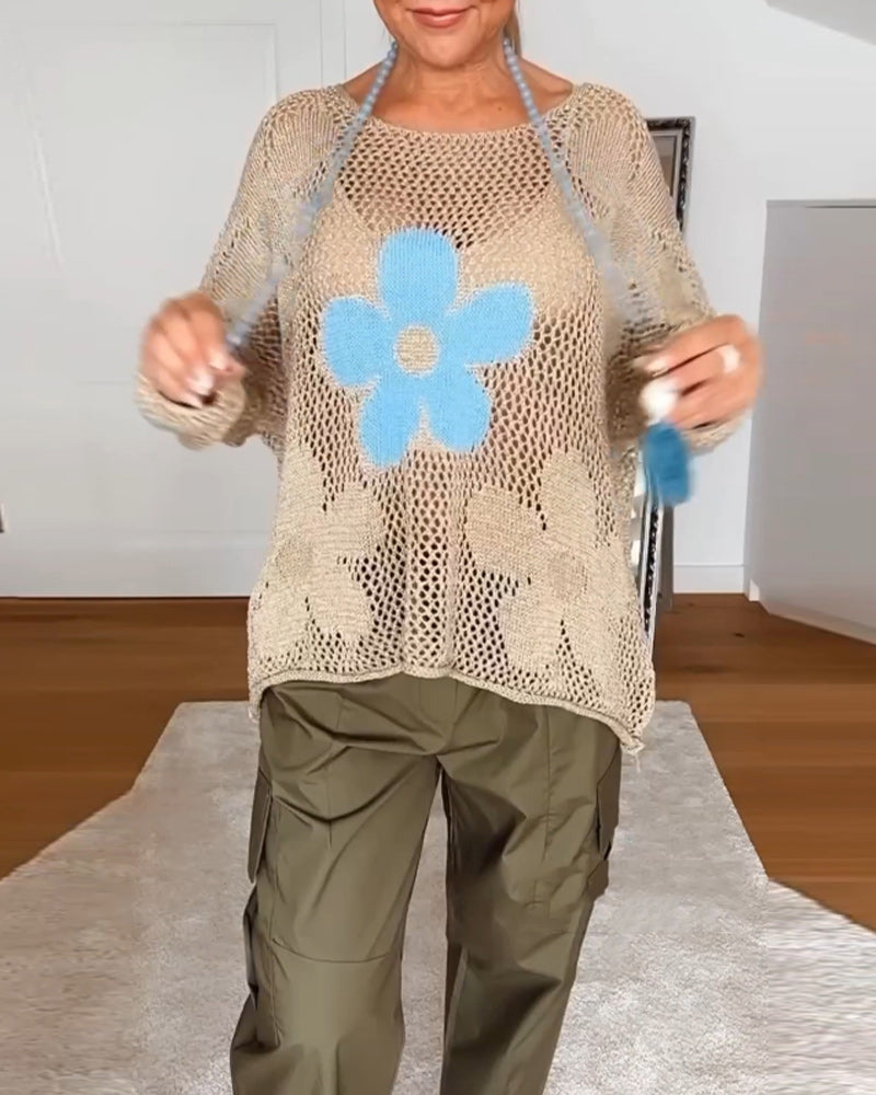 Women's Oversized Crochet Knit Top with Floral Detail