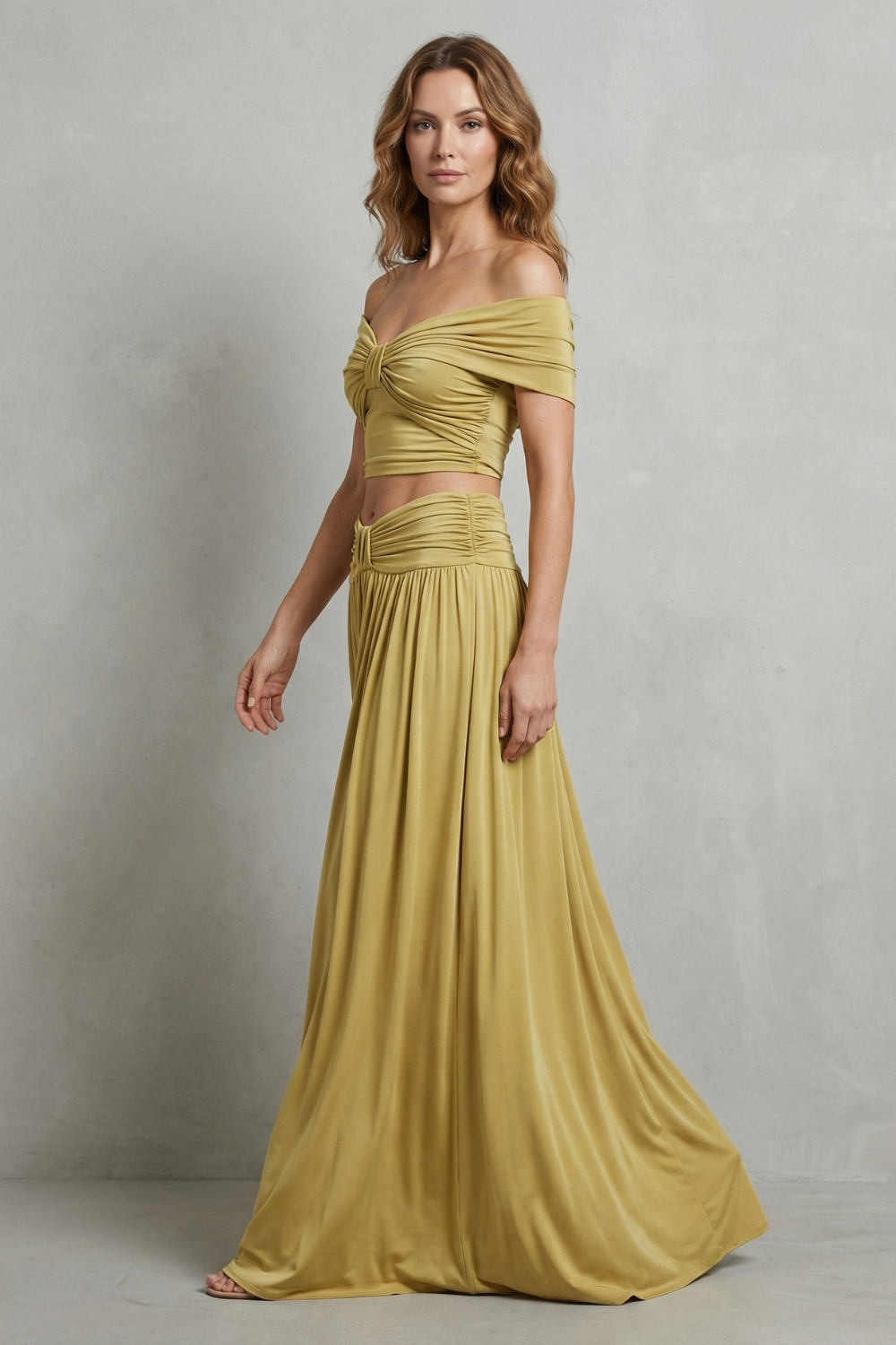 Golden Glow Women’s Off-Shoulder Ruched Skirt Set