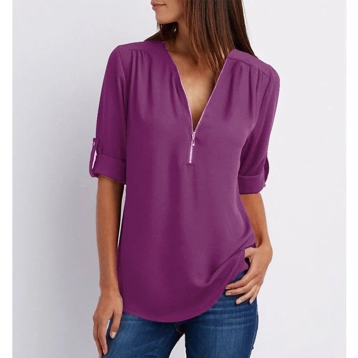 Women's Zip V-Neck 3/4 Sleeve Blouse Casual Top