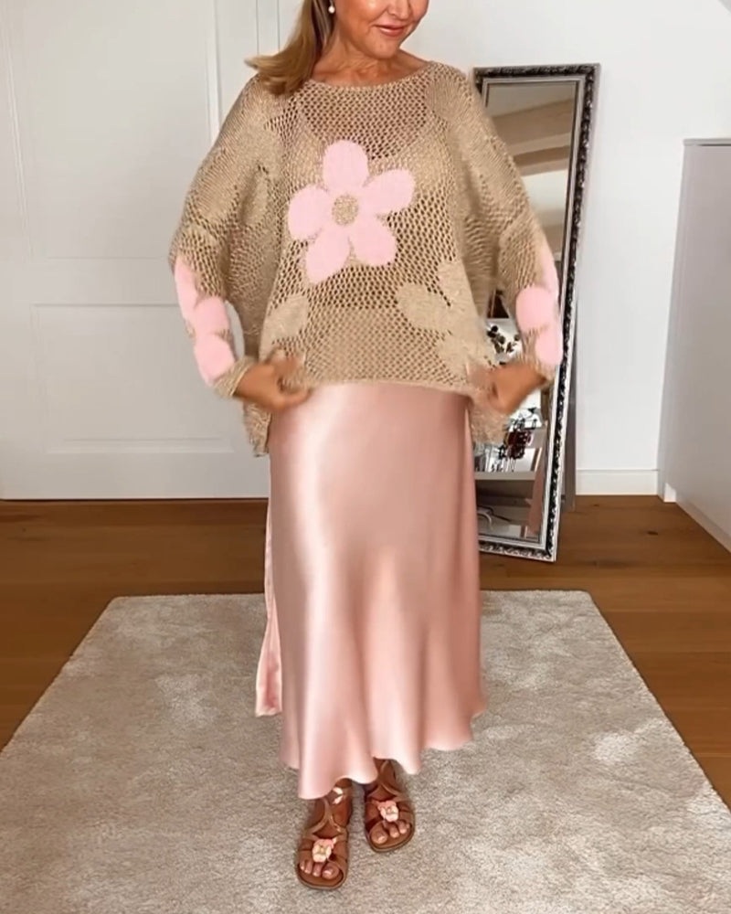 Women's Oversized Crochet Knit Top with Floral Detail