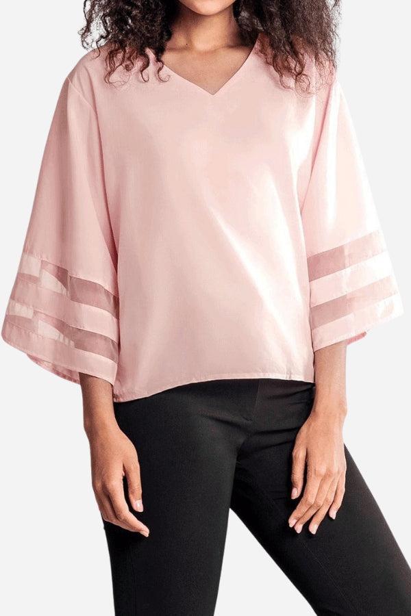 Women's Mesh Panel Bell Sleeve Top V-Neck Loose Fit