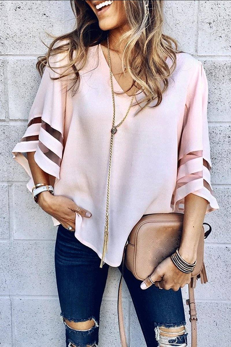 Women's Mesh Panel Bell Sleeve Top V-Neck Loose Fit