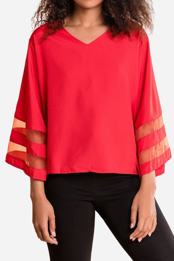 Women's Mesh Panel Bell Sleeve Top V-Neck Loose Fit