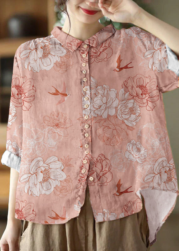 Floral Print Button-Front Blouse with Relaxed Fit and Long Sleeves