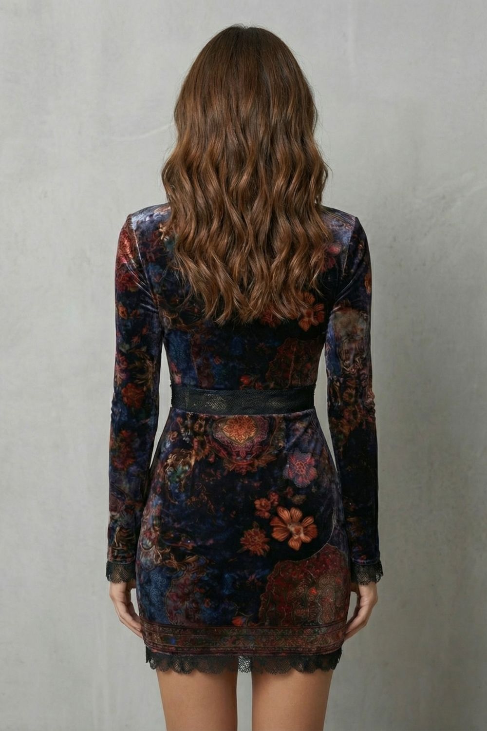 Baroque Lace Plunge Velvet Mini Dress
