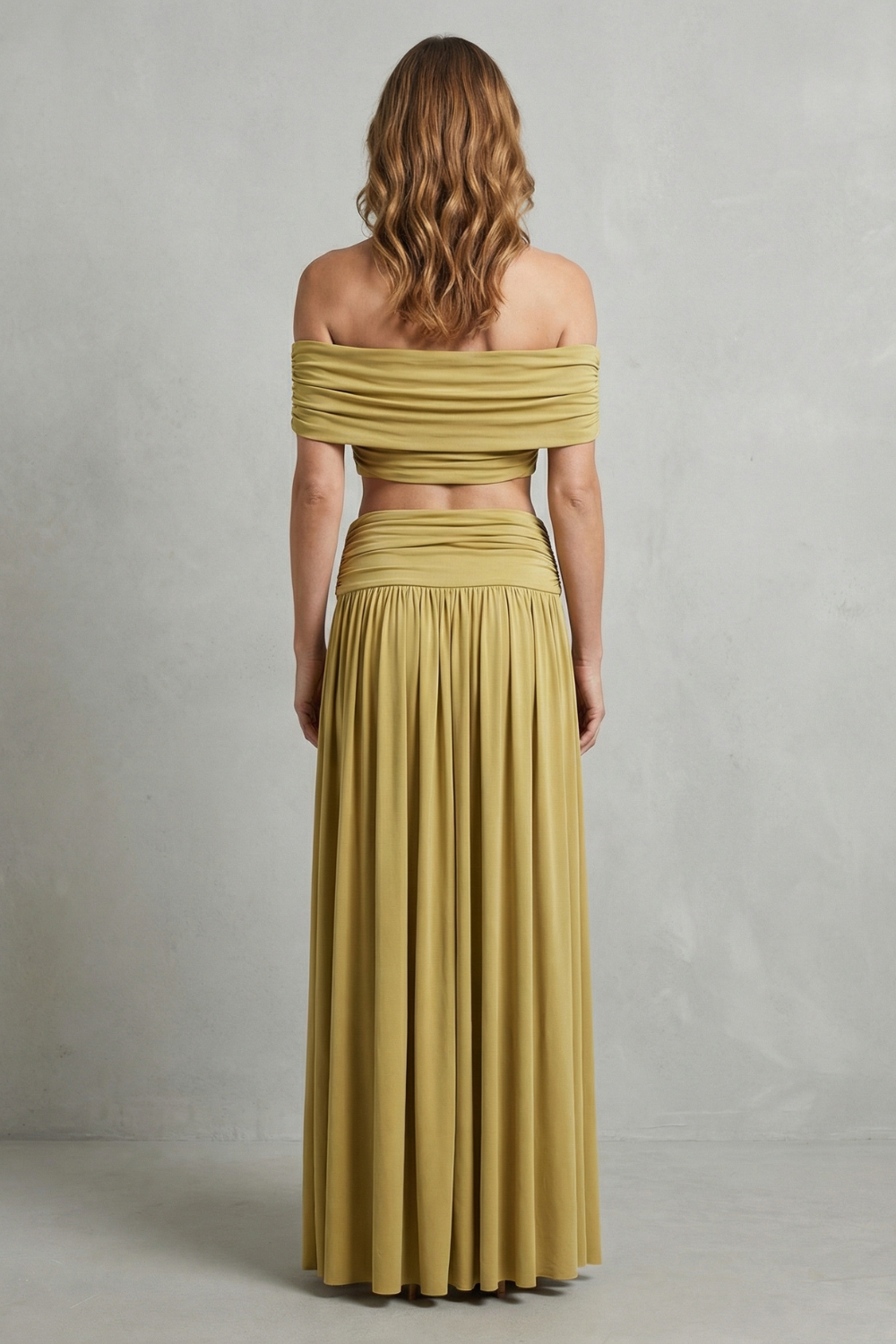 Golden Glow Women’s Off-Shoulder Ruched Skirt Set