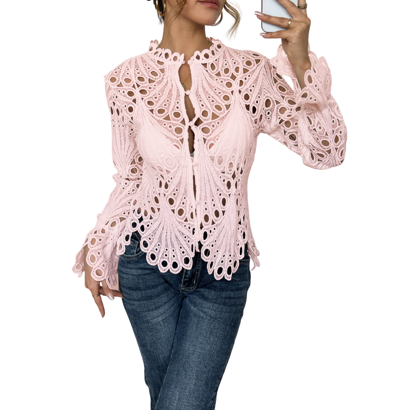 Women's Crochet Hollow Lace Long Sleeve Blouse Scallop Hem