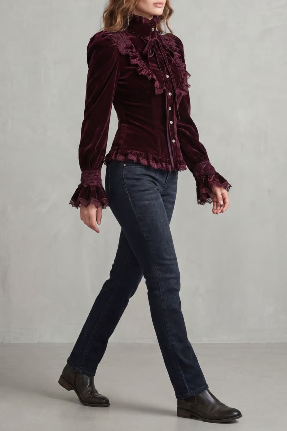 Ruffled Velvet Lace Victorian Blouse