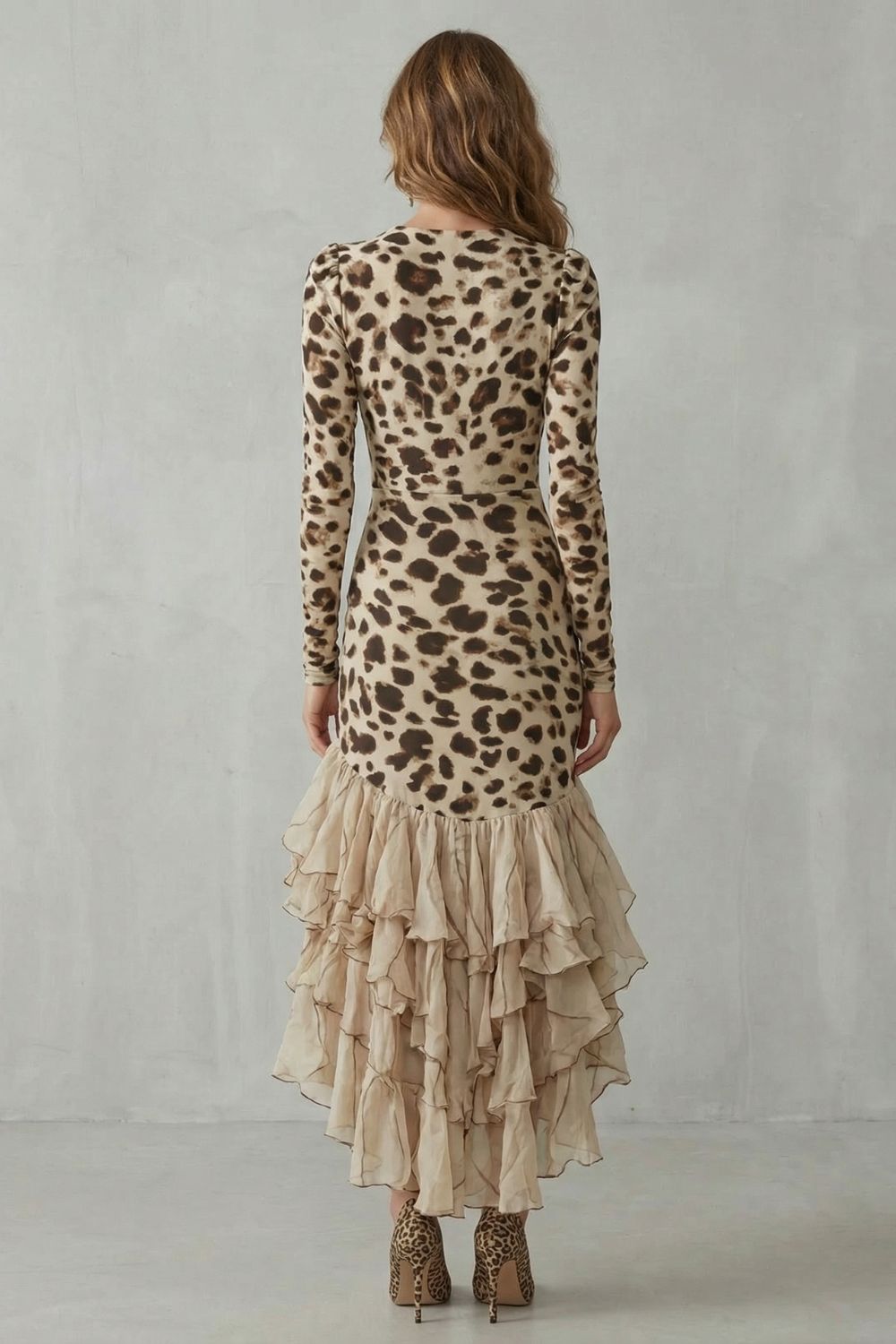 Ruffled Hem Leopard Print Midi Dress