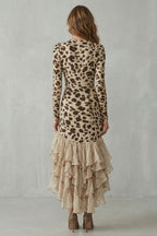 Ruffled Hem Leopard Print Midi Dress