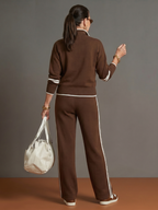 Rain | Zip Neck Long Sleeve Side Stripe Leg Pants Set