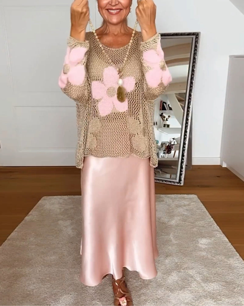 Women's Oversized Crochet Knit Top with Floral Detail
