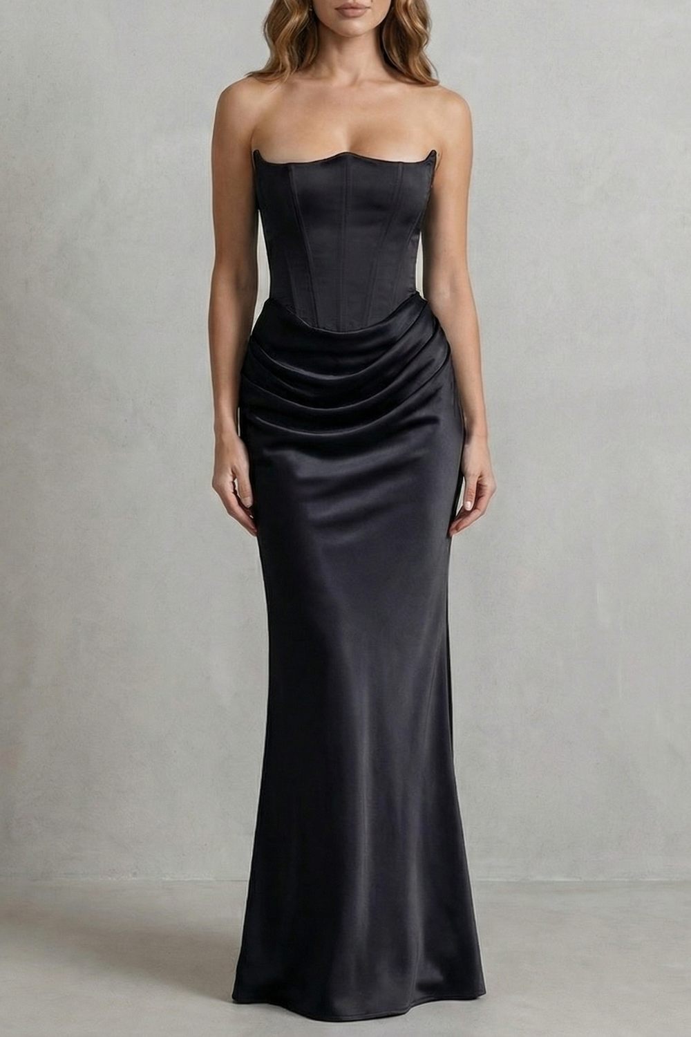 Sculpted Satin Drape Strapless Corset Maxi Dress