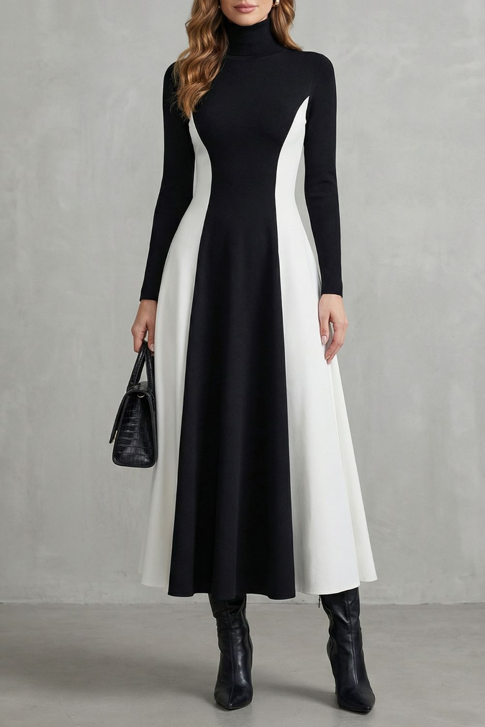 Sculpted Contrast Flow Turtleneck Dress