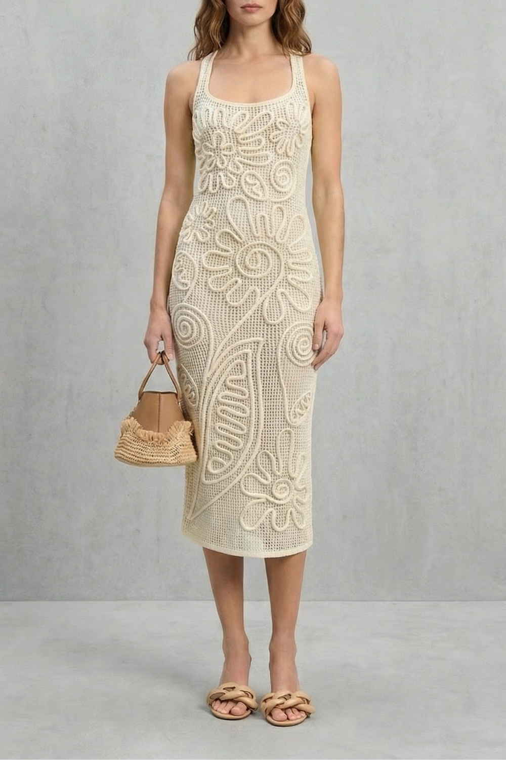 Sculpted Crochet Bloom Textured Midi Dress
