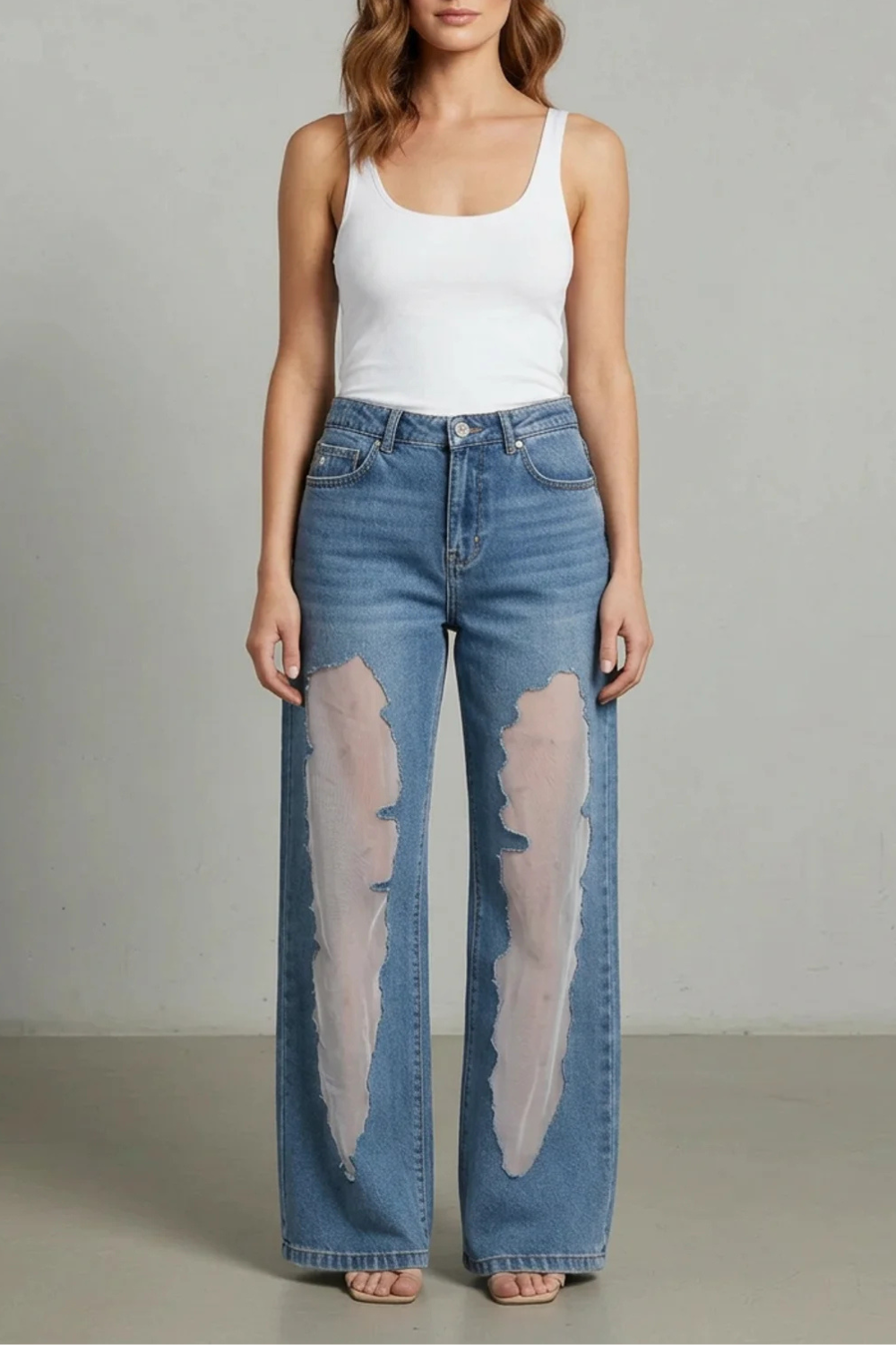 Vintage Mesh Patchwork Wide-leg Jeans